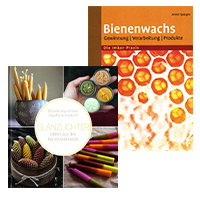 Zwei Buchcover stehen versetzt hintereinander zum Thema Bienenwachs als Bienenprodukt