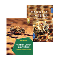 Zwei Buchcover stehen versetzt hintereinander und bilden Bienen ab. Das thema der Bücher ist die Varroose bei der Honigbiene.