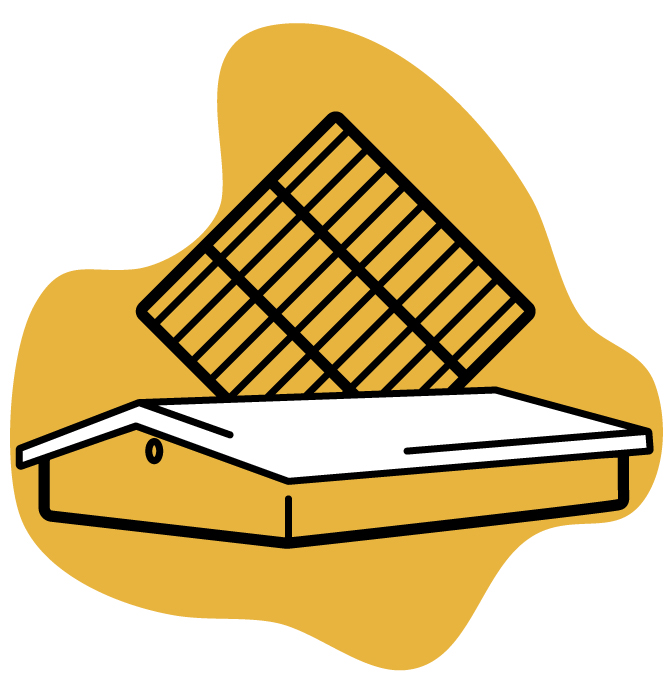 Gelber Klecks mit einem Absperrgitter und einem Blechdach in schematischer Zeichnung
