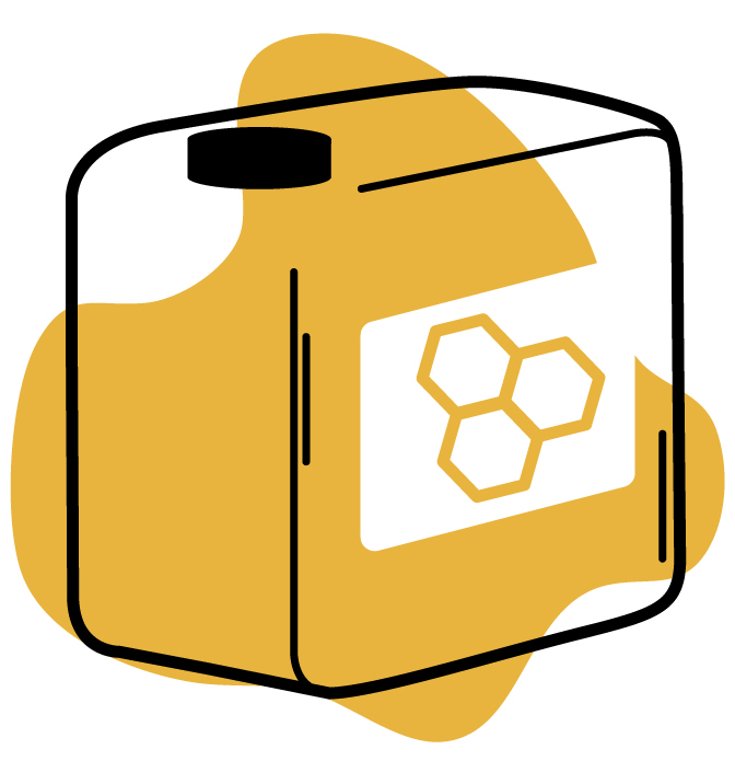 Gelber Klecks mit einem Kanister Bienenfutter in schematischer Zeichnung