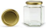 Sechseckglas 390 ml mit 70er gold