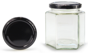 Sechseckglas 390 ml mit 70er schwarz glänzend