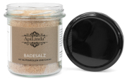 ApiLinda® Badesalz mit Blütenpollen und Kakao, Frontansicht, Glas offen, Deckel daneben